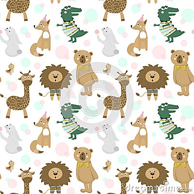 Seamless pattern with cute giraffe, rabbit, Fox, crocodile, lion, bird and bear. Vector Illustration