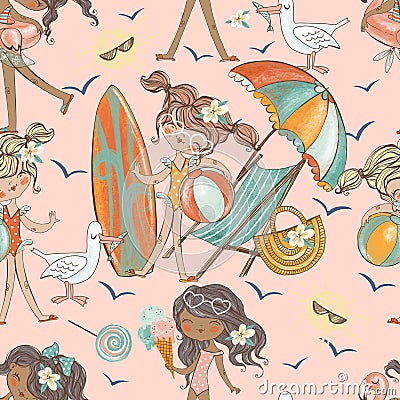 Seamless pattern with cute girls relaxing on the beach Stock Photo