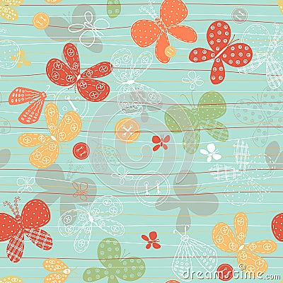 Seamless pattern with cute hand drawn butterflies and buttons. Vector Illustration