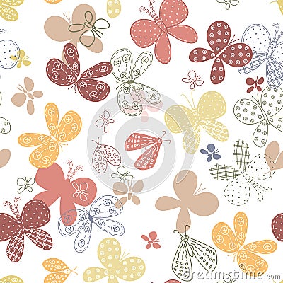 Seamless pattern with cute hand drawn butterflies. Vector Illustration