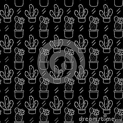 Seamless pattern with cute hand-drawn cacti black background Vector Illustration