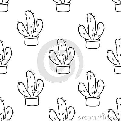 Seamless pattern with cute hand-drawn cacti white background Vector Illustration