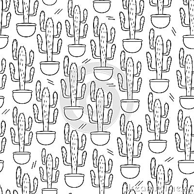 Seamless pattern with cute hand-drawn cacti white background Vector Illustration