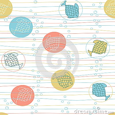 Seamless pattern with cute hand drawn fishes, stripes and air bu Vector Illustration