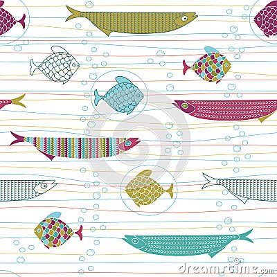 Seamless pattern with cute hand drawn fishes, stripes and air bu Vector Illustration