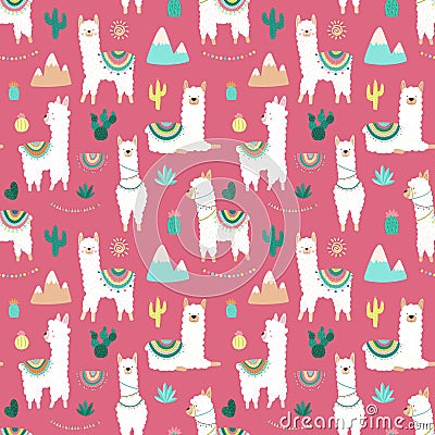 Seamless pattern of cute hand-drawn white llamas or alpacas, cacti, mountains, sun, garlands on a pink background. Illustration fo Stock Photo