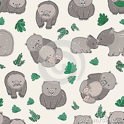 Seamless pattern with cute hand drawn wombats and green leaves. Backdrop with funny adult and baby animals on light Vector Illustration