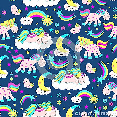Seamless pattern of cute horses lying on the clouds, a rainbow emerging from the clouds, the sun, the moon in the form Vector Illustration