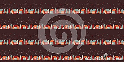 Seamless pattern with cute houses in snowy forest Stock Photo