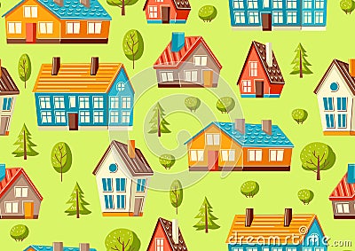 Seamless pattern with cute houses and trees.. Country cottages background. Vector Illustration