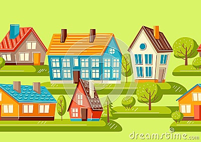 Seamless pattern with cute houses and trees.. Country cottages background. Stock Photo