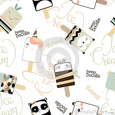 Seamless pattern with cute funny ice cream. Doodle vector illustration Vector Illustration