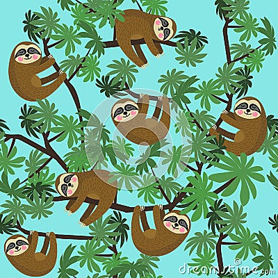 Seamless pattern with cute jungle sloths on blue background, vector illustration. Vector Illustration