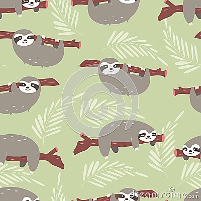 Seamless pattern with cute jungle sloths on green background Vector Illustration