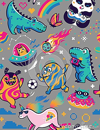 Seamless pattern with cute kawaii animals, dinosaurs and monsters in the galaxy. Vector illustration Vector Illustration