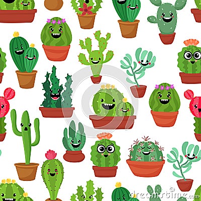 Seamless pattern with cute kawaii cactus and succulents with funny faces in pots.White background. Vector illustration Vector Illustration