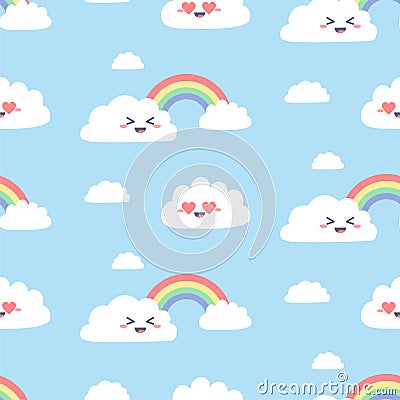 Seamless pattern with cute kawaii clouds. Simple cloud characters with rainbow on blue background. Vector seamless design Vector Illustration