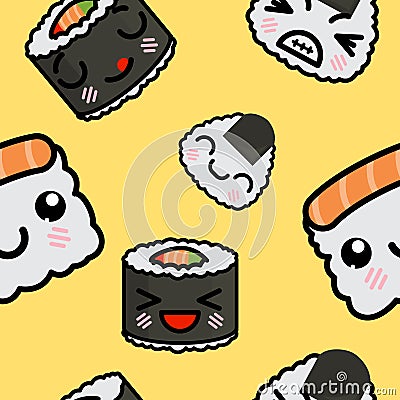 Seamless pattern with cute kawaii emoji sushi vector cartoon illustration Cartoon Illustration