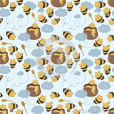 Seamless pattern Cute Kawaii Honey Bee flying in the sky Stock Photo