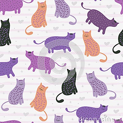 Seamless pattern with cute Kittens cat in different style scandinavian drawing feminine colors. Creative childish texture. Great Vector Illustration