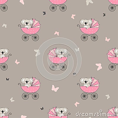 Seamless pattern with cute koala in stroller. Baby shower girl Vector Illustration