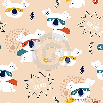 Seamless pattern with cute koala super hero. Creative childish texture in Scandinavian style. Great for fabric, textile Vector Vector Illustration