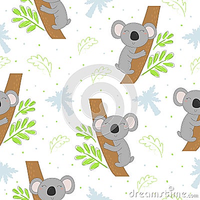 Seamless pattern with cute koala on the tree . Vector background for kids Vector Illustration