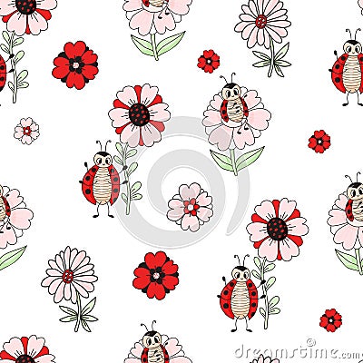 Seamless pattern with cute ladybug. Funny insects with flowers on white background. Vector illustration. Endless Vector Illustration