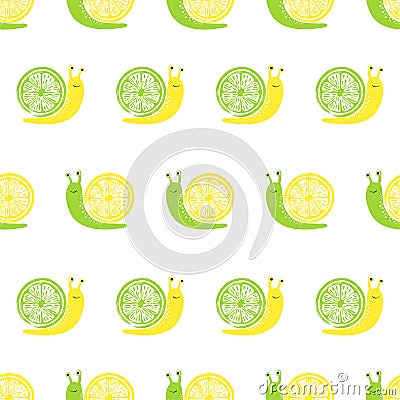 Seamless pattern with cute lemon and lime snails Vector Illustration