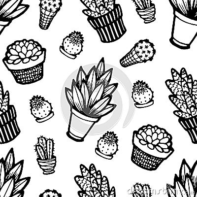 Seamless pattern cute lineart different cacti. Black ink hand drawn illustration isolated on white background Vector Illustration