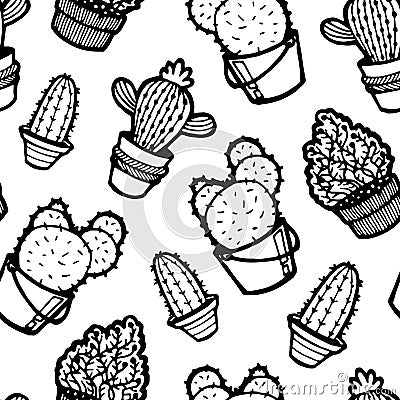 Seamless pattern cute lineart different cacti. Black ink hand drawn illustration isolated Cartoon Illustration