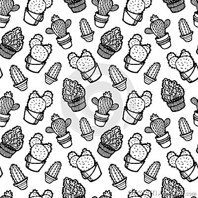 Seamless pattern cute lineart different cacti. Black ink hand drawn illustration isolated on white background Cartoon Illustration