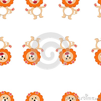 Seamless pattern with cute lion and funny cartoon zoo animals on white background Vector Illustration