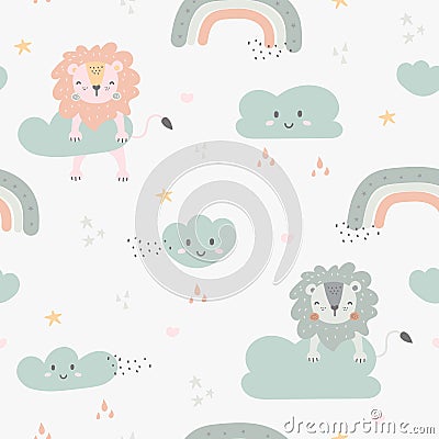 Seamless pattern with cute lion. Rainbow and cloud abstract elements Vector Illustration