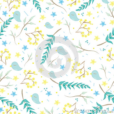 Seamless pattern with cute little birds, branches, flowers, leaves for your design. Pastel blue and green color Vector Illustration