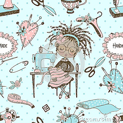 Seamless pattern with cute little black-skinned dressmaker and sewing accessories. Vector Vector Illustration