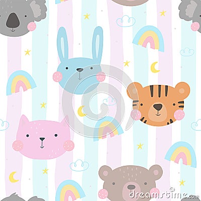 Seamless pattern with cute little bunny, koala, tiger, cat. vector illustration. Vector print with rabbit, koala, tiger Vector Illustration