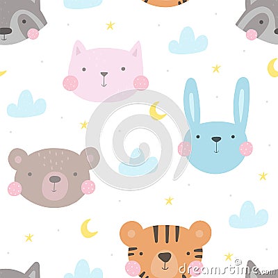 Seamless pattern with cute little bunny, raccoon, tiger, cat, bear. vector illustration. Vector print with rabbit, raccoon, tiger Vector Illustration