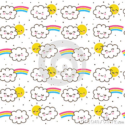 Seamless pattern with cute little clouds with rainbows and sun - kawaii background for kids textile design Vector Illustration