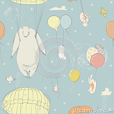 Seamless pattern with cute little hares and polar bear Vector Illustration
