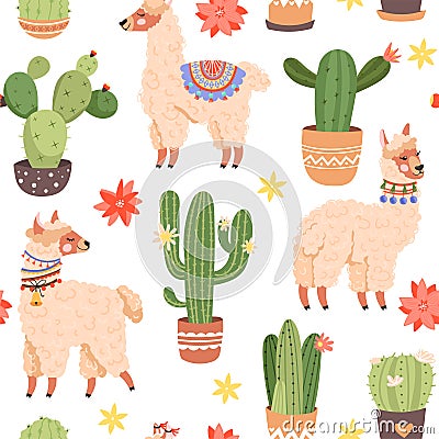 Seamless pattern with cute llama, various cactus and flowers. Vector Illustration