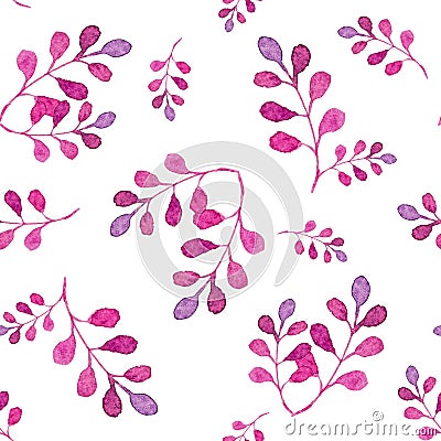 Seamless pattern. Cute magenta leafs, watercolor hand painting on white background Stock Photo