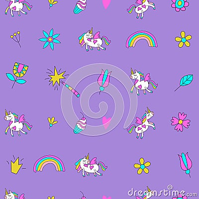 Seamless pattern with cute magic unicorns with wings. Vector illustration. Vector Illustration