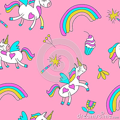 Seamless pattern with cute magic unicorns with wings. Vector illustration. Vector Illustration