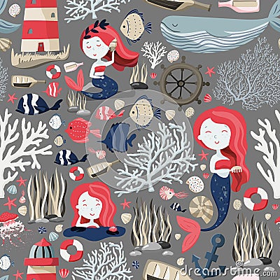 Seamless pattern with cute mermaids, lighthouse, fishes, shells, anchor, starfish etc. Sea or ocean life. Texture Vector Illustration