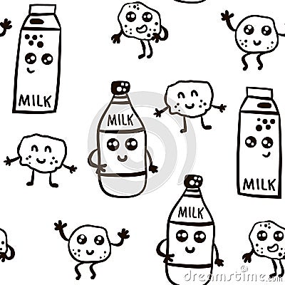 Seamless pattern with cute milk bottle character and cookies in black and white style. Stock Photo