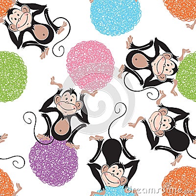 Seamless pattern with cute monkeys and colorful balls. Kids cartoon background. Vector Illustration
