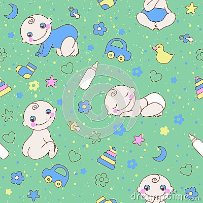 Seamless pattern with cute newborn baby boy Stock Photo