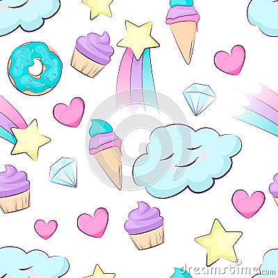 Seamless pattern with cute object. Cloud, star, rainbow, heart, icecream and diamond. Cartoon style vector Vector Illustration