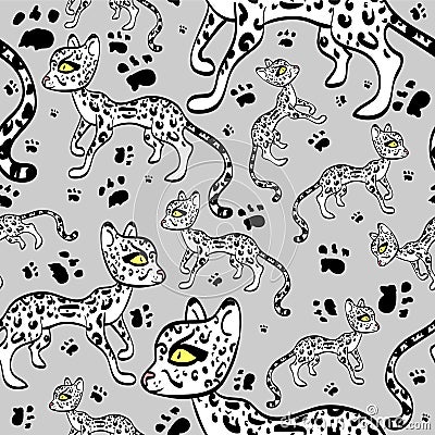 Seamless pattern with cute ocelots Vector Illustration